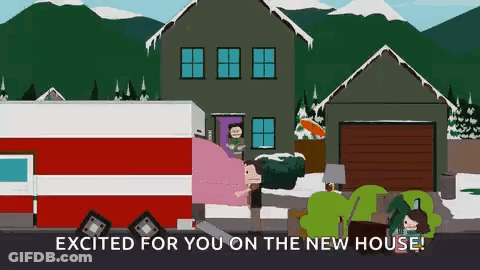 Cartoon Man Standing In Front Of House With Mountains GIF