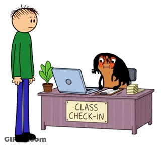 Cartoon Man Standing Next To Desk Saying Class Check In GIF