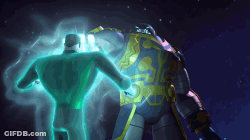 Cartoon Man Standing Next To Glowing Robot GIF