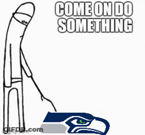 Cartoon Man Standing Next To Seahawks Logo GIF