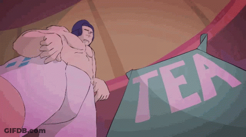 Cartoon Man Standing Next To Tea Sign GIF