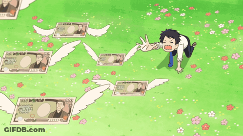Cartoon Man Surrounded By Flying Japanese Money GIF
