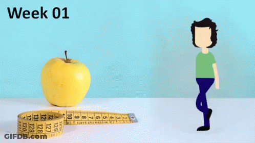 Cartoon Man Walking Next To Apple And Measuring Tape Week 01 GIF