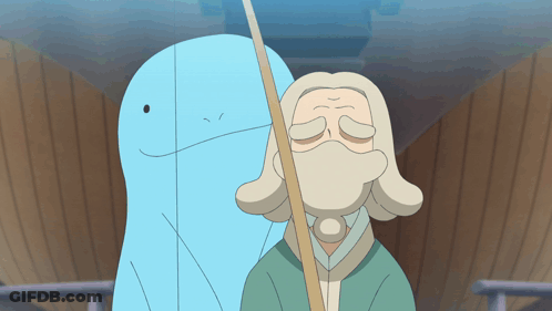 Cartoon Man With Beard And Blue Whale Behind Him GIF