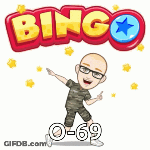 Cartoon Man With Bingo 0-69 Sign GIF