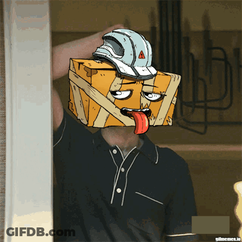 Cartoon Man With Box On Head And Hard Hat GIF