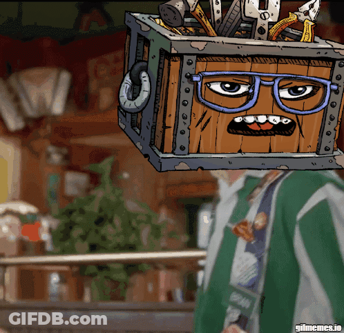 Cartoon Man With Box On Head Containing Tools GIF