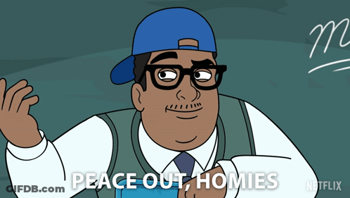 Cartoon Man With Glasses And Blue Hat Saying Peace Out Homies GIF