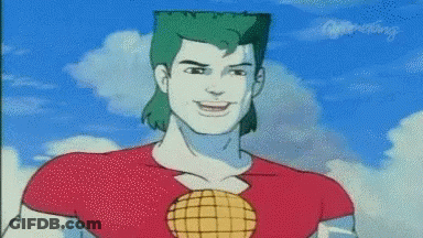 Cartoon Man With Green Hair And Globe On Chest GIF