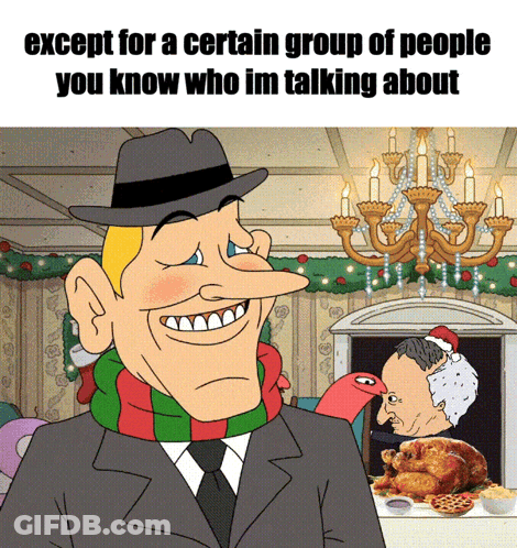 Cartoon Man With Hat And Scarf Saying Except For A Certain Group GIF