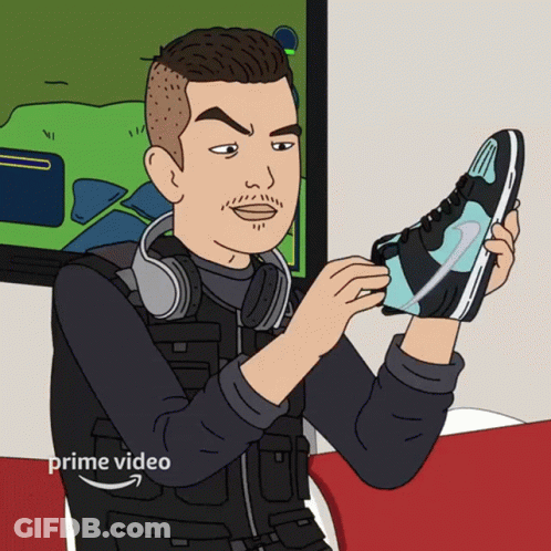 Cartoon Man With Headphones Holding Nike Sneakers GIF