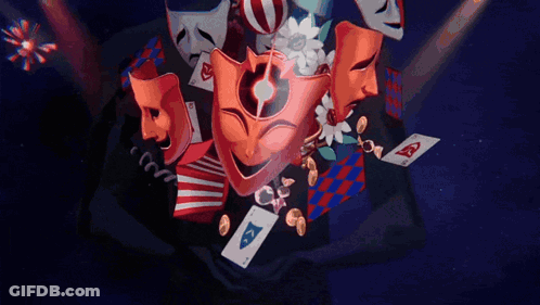 Cartoon Man With Mask And Playing Cards On Neck GIF