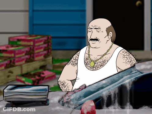 Cartoon Man With Mustache And Necklace Washing Car GIF