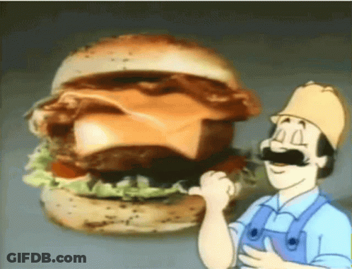 Cartoon Man With Mustache Next To Hamburger GIF