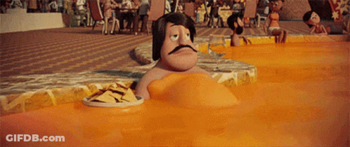 Cartoon Man With Mustache Sitting In Orange Liquid GIF