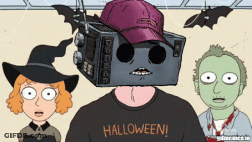 Cartoon Man With Radio On Head Saying Halloween GIF