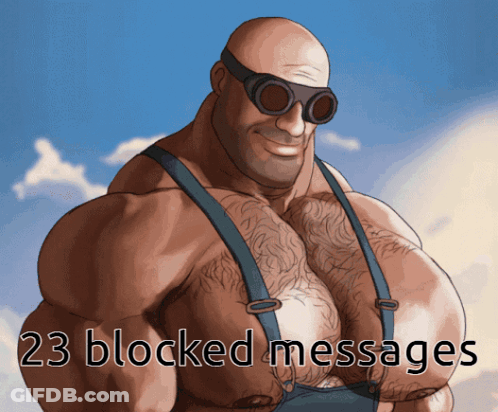 Cartoon Man With Suspenders And Goggles And 23 Blocked Messages GIF