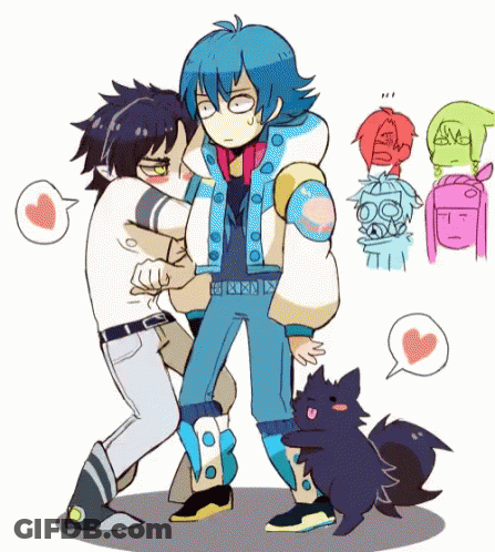 Cartoon Men Hugging With Dog Behind GIF