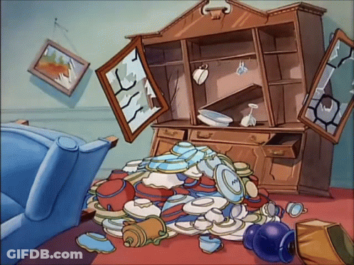Cartoon Messy Room Hutch With Plates And Cups GIF