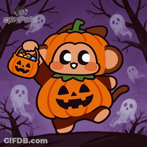 Cartoon Monkey Dressed As Pumpkin Holding Candy Bucket GIF