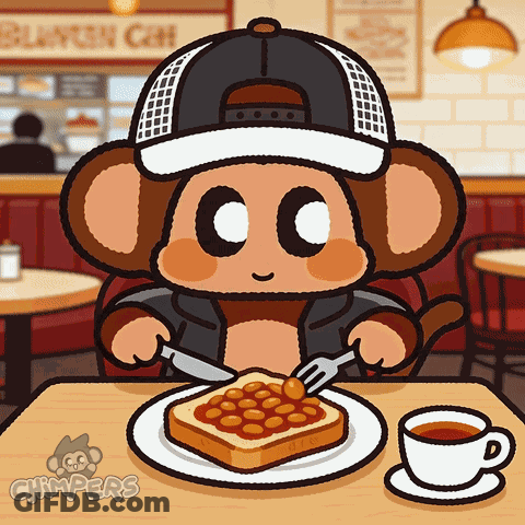 Cartoon Monkey Eating Beans On Toast With Coffee GIF