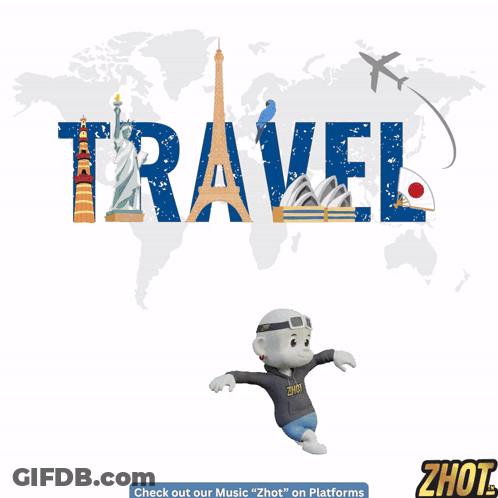 Cartoon Monkey Holding Broken Heart In Front Of Travel Logo GIF