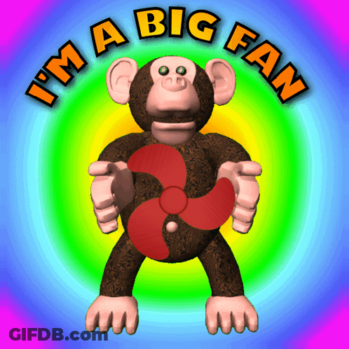 Cartoon Monkey Holding Fan Saying I'm A Big Fan GIF