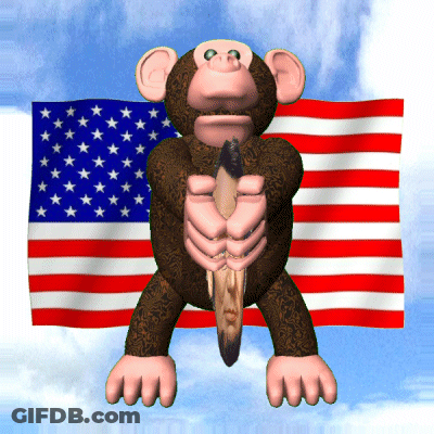 Cartoon Monkey Holding Feather In Front Of Flag GIF