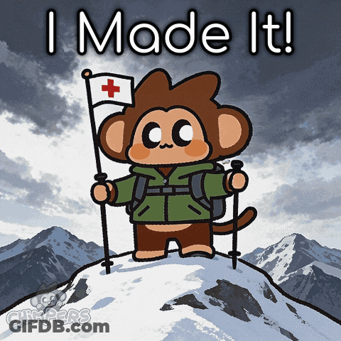 Cartoon Monkey Holding Flag On Snowy Mountain Saying I Made It GIF