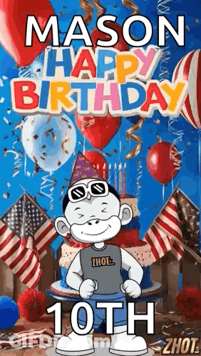 Cartoon Monkey In Front Of Cake And Balloons GIF