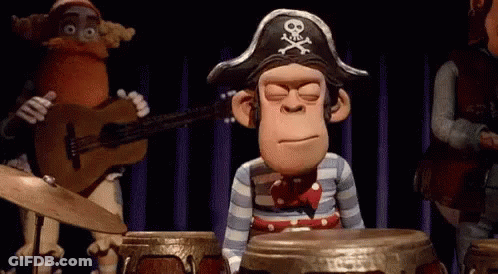 Cartoon Monkey In Pirate Hat Playing Drums GIF