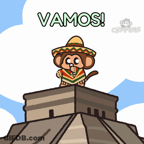 Cartoon Monkey In Sombrero On Building Saying Vamos GIF