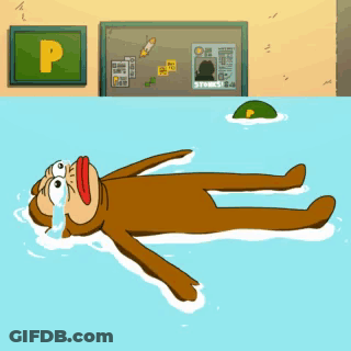 Cartoon Monkey Laying In Water With Sign Saying P GIF