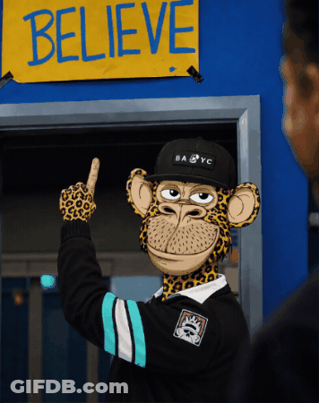 Cartoon Monkey Pointing Up At Believe Sign GIF