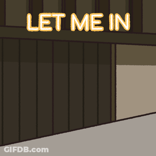 Cartoon Monkey Standing In Front Of Let Me In Sign GIF