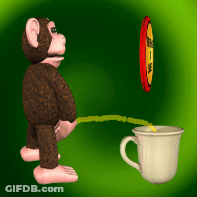 Cartoon Monkey Urinating Into Coffee Cup GIF