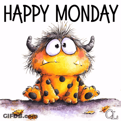 Cartoon Monster With Horns Sits On Branch Saying Happy Monday GIF