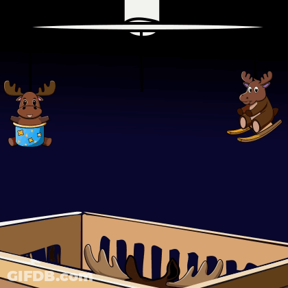 Cartoon Moose Sitting On Rocking Horse Next To Another Moose GIF