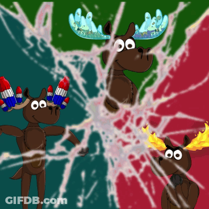 Cartoon Moose With Rocket Antlers Surrounded By Moose GIF