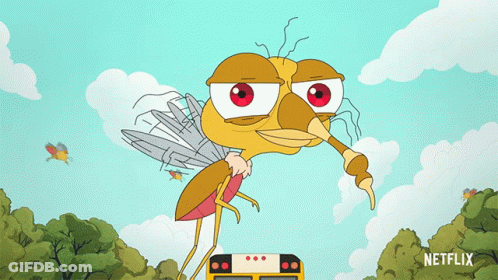 Cartoon Mosquito Sitting On School Bus With Netflix GIF