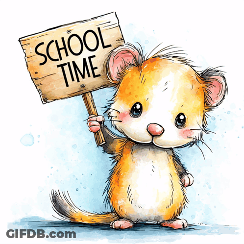 Cartoon Mouse Holding Sign Saying School Time GIF