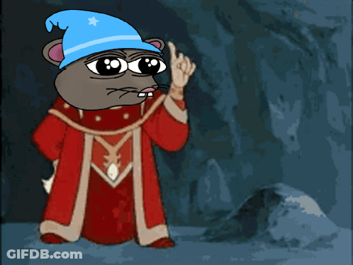 Cartoon Mouse In Blue Hat Red Robe Holding Sword GIF
