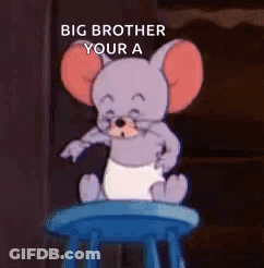 Cartoon Mouse In Diaper On Blue Stool Saying Big Brother Your A GIF