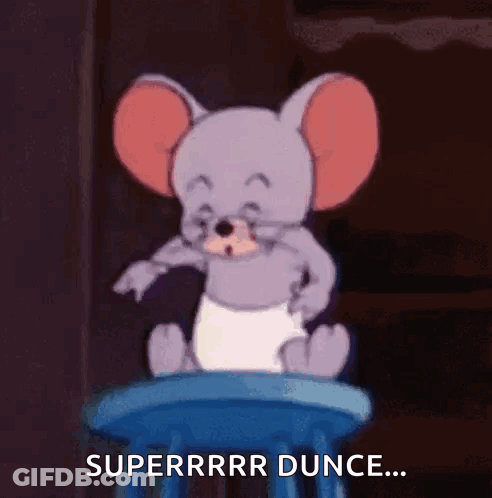 Cartoon Mouse In Diaper On Blue Stool Saying Superrrr Dunce GIF
