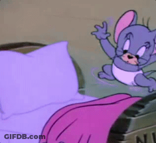 Cartoon Mouse Jumping Out Of Bed With Purple Blanket GIF