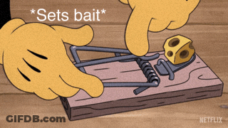 Cartoon Mouse Putting Cheese In Mousetrap GIF