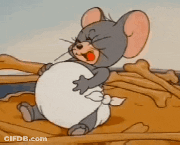 Cartoon Mouse Sitting On Bones Holding Belly GIF