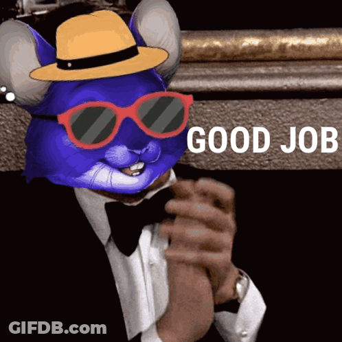 Cartoon Mouse Wearing Hat And Sunglasses Says Good Job GIF