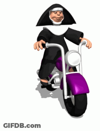 Cartoon Nun Riding Motorcycle With Purple Fender GIF