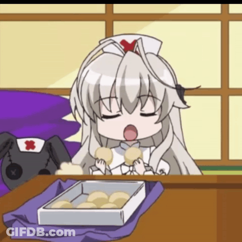 Cartoon Nurse Sitting At Table With Doughnuts GIF